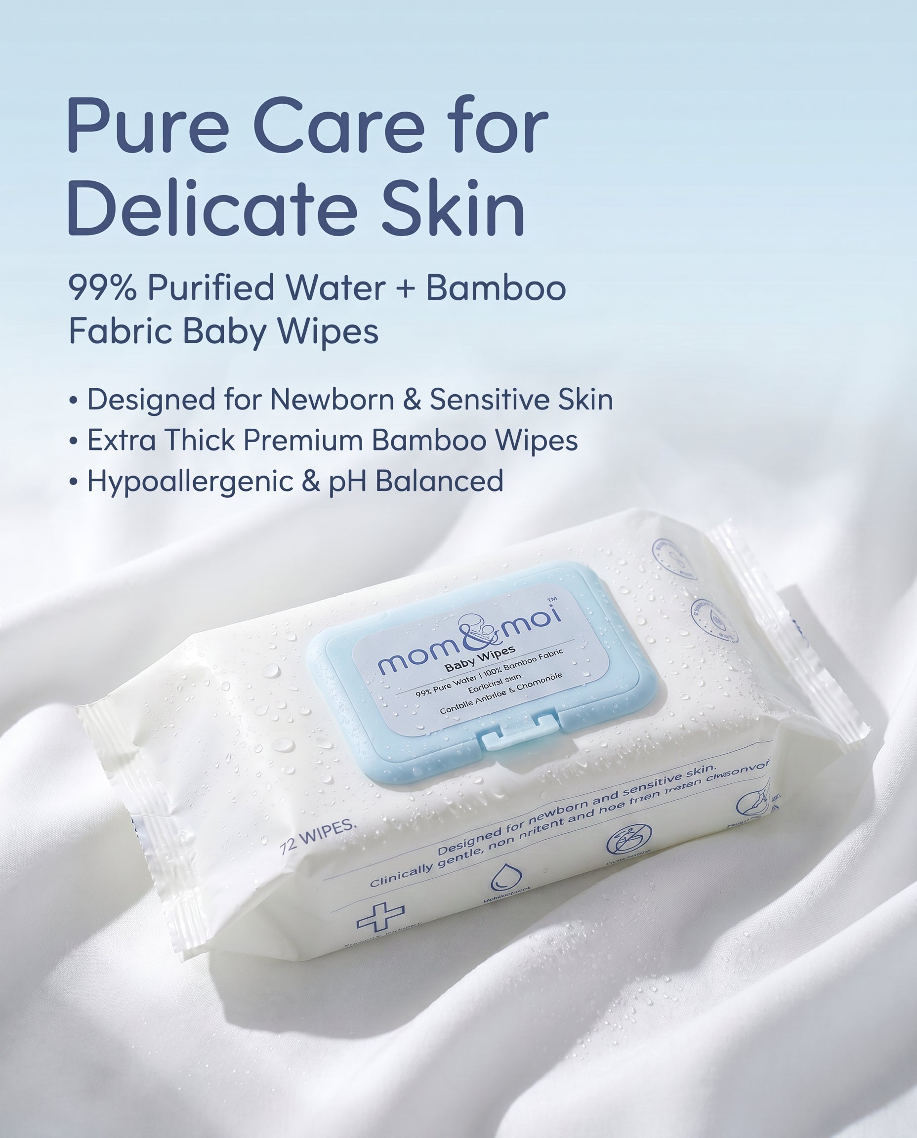 mom&moi Premium Bamboo Baby Wipes with 99% purified water and 100% bamboo fabric for delicate newborn and sensitive skin
