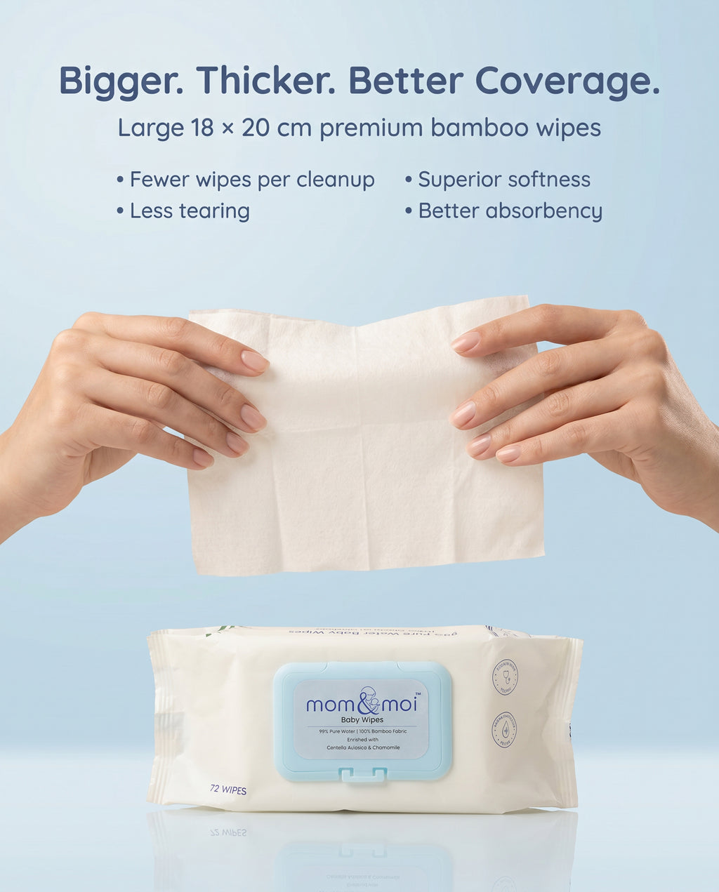 Extra thick 18 x 20 cm mom&moi Premium Bamboo Baby Wipes with 100% bamboo fabric