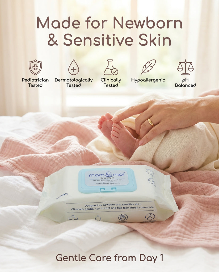 mom&moi Premium Bamboo Baby Wipes for newborn and sensitive skin with 99% purified water, 100% bamboo fabric, pediatician & dermatologist tested formula