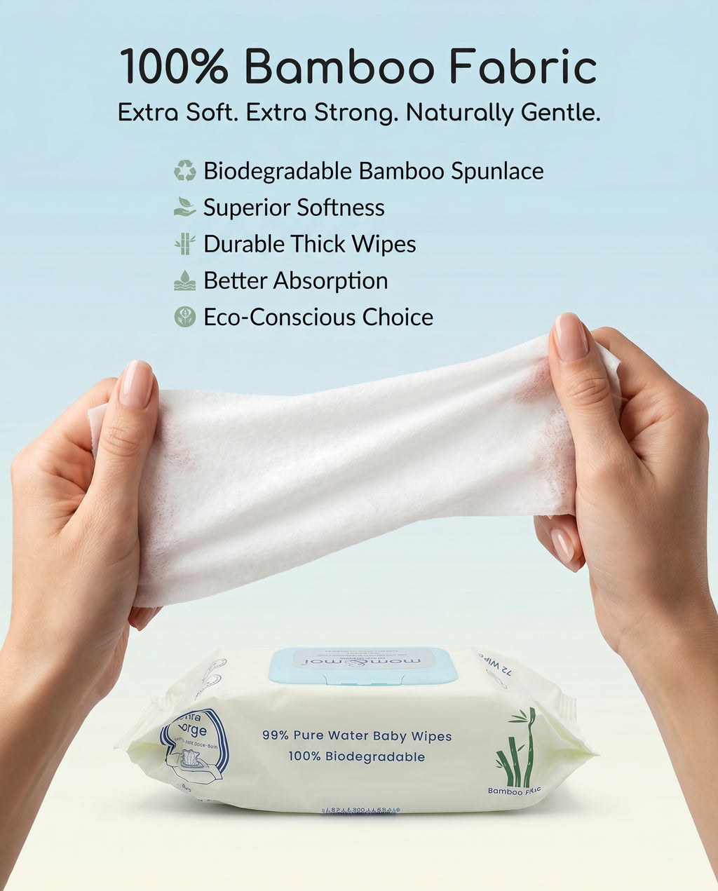mom&moi Premium Bamboo Baby Wipes made with 100% bamboo fabric for extra soft, durable and gentle baby care
