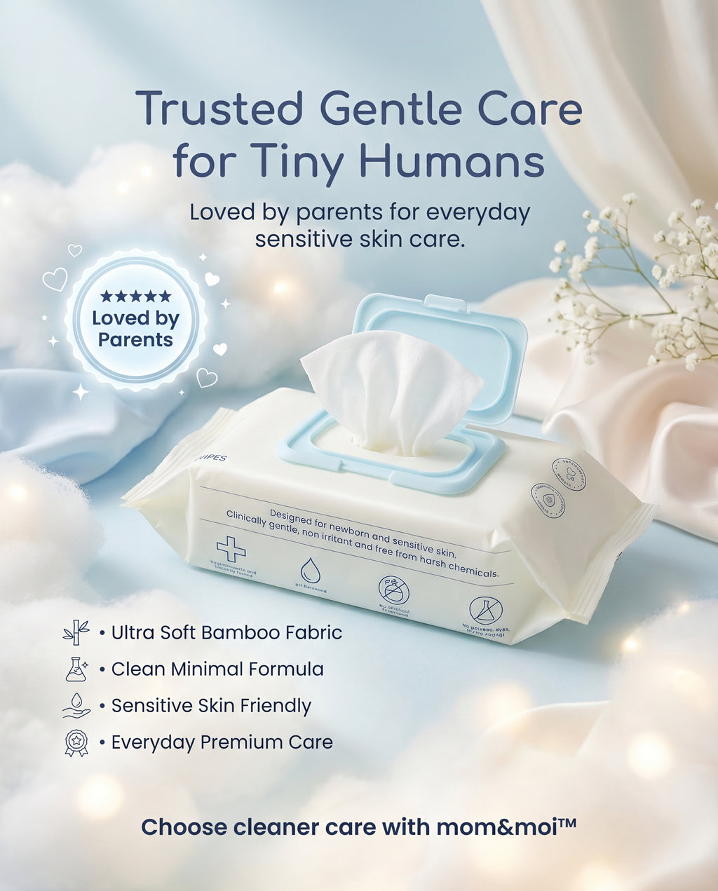 mom&moi Premium Bamboo Baby Wipes for everyday gentle care with ultra soft bamboo fabric for newborn and sensitive skin
