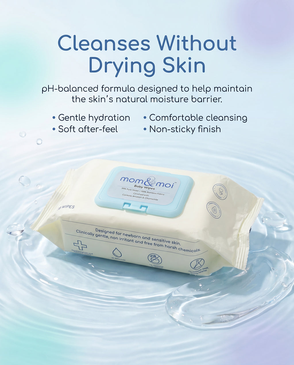 mom&moi Premium Bamboo Baby Wipes with pH balanced formula and 99% purified water for newborn and sensitive skin