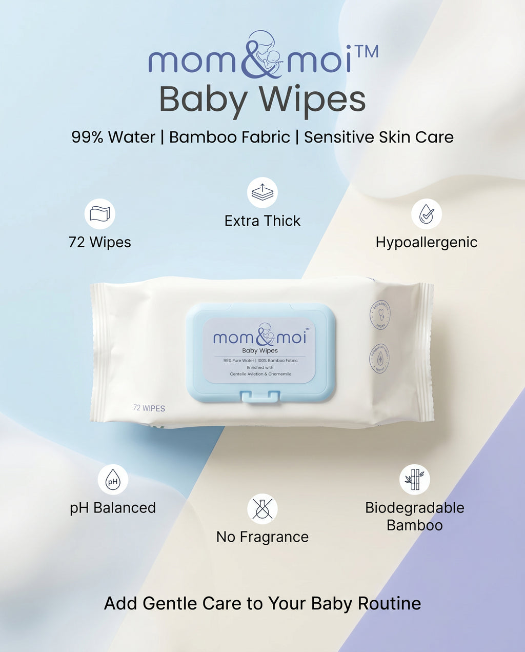 mom&moi Premium Bamboo Baby Wipes with 99% purified water, 100% bamboo fabric, extra thick, hypoallergenic, pH balanced and fragrance-free
