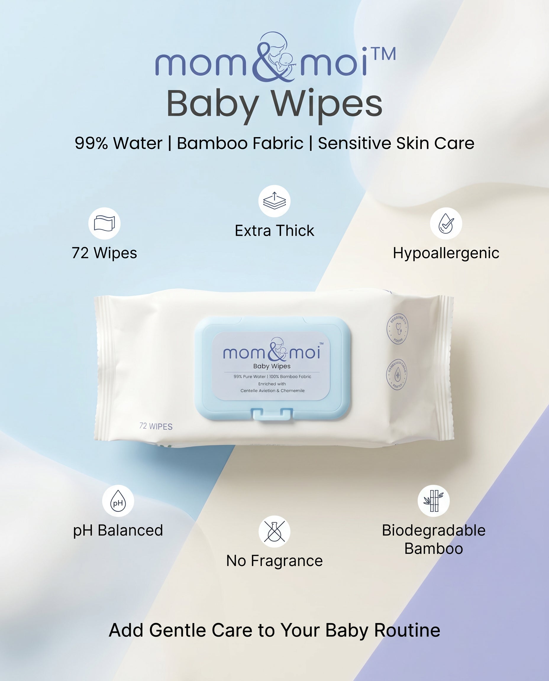 mom&moi Premium Bamboo Baby Wipes with 99% purified water, 100% bamboo fabric, extra thick, hypoallergenic, pH balanced and fragrance-free